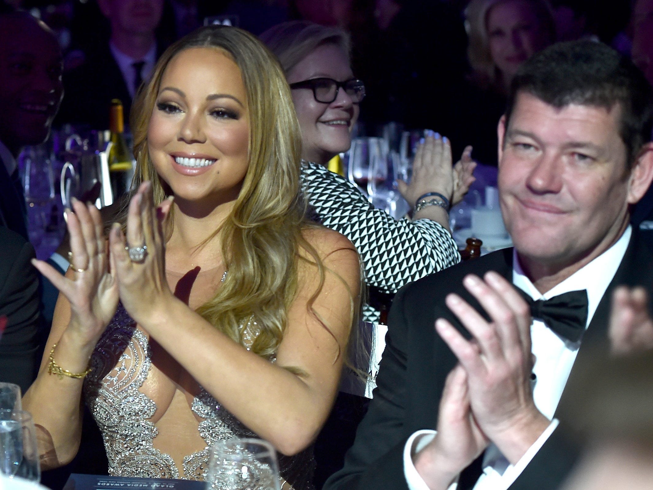 Mariah Carey and James Packer applauding at the 27th Annual GLAAD Media Awards in May 2016.