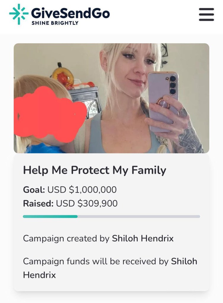 Screenshot of a GiveSendGo campaign created by Shiloh Hendrix to raise $1,000,000; $309,900 has been raised.  A partially obscured photo of Hendrix and a child is included.