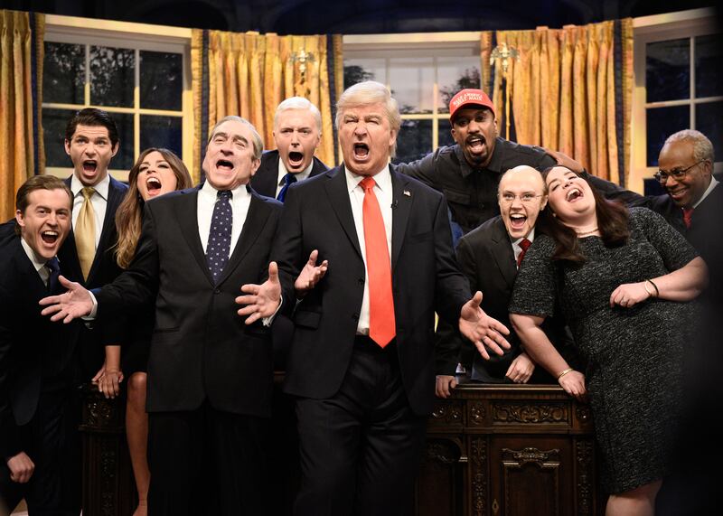 SATURDAY NIGHT LIVE -- "Paul Rudd" Episode 1767 -- Pictured: (l-r) Alex Moffat as Eric Trump, Mikey Day as Donald Trump Jr., Cecily Strong as Melania Trump, Robert De Niro as Robert Muelle, Beck Bennett as Mike Pence, Alec Baldwin as Donald Trump, Chris Redd as Kanye West, Kate McKinnon as Jeff Sessions, Aidy Bryant as Sarah Sanders, Kenan Thompson as Clarence Thomas during "Dont Stop Us Now" Cold Open on May 18, 2019 -- (Photo by: Will Heath/NBCU Photo Bank/NBCUniversal via Getty Images via Getty Images)