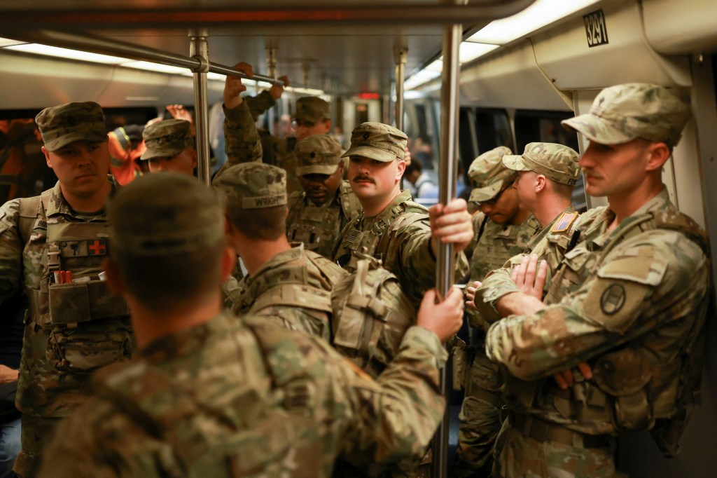 South Carolina National Guard members on a Washington, D.C. Metro train.