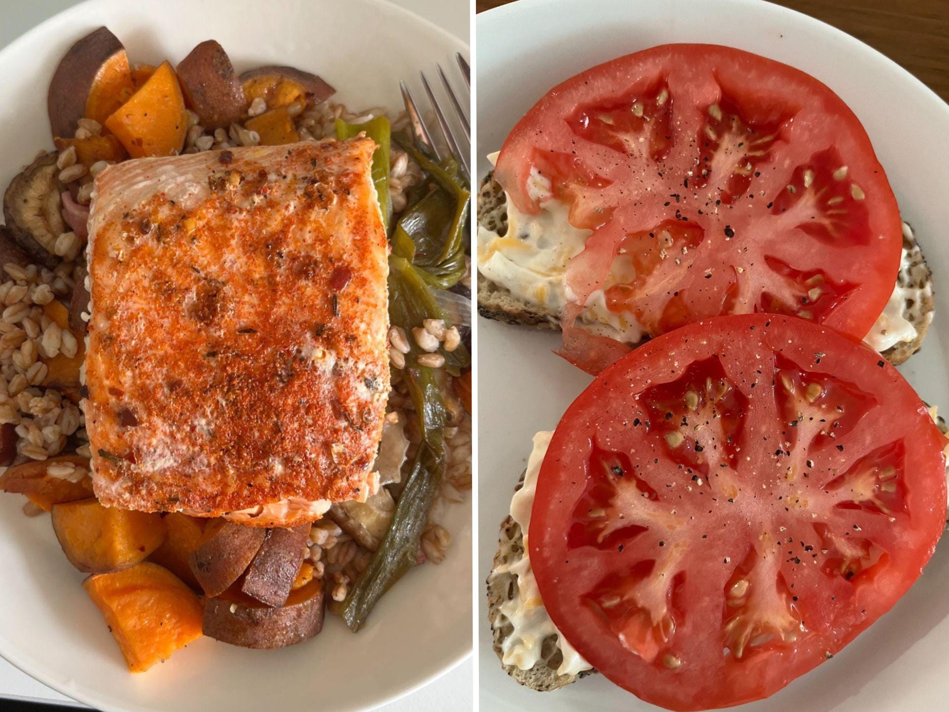 Salmon and veggies vs tomato toasts