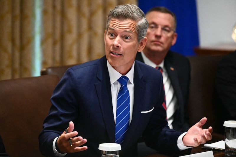 Secretary of Transportation Sean Duffy speaks during a cabinet meeting with US President Donald Trump in the Cabinet Room of the White House in Washington, DC, on August 26, 2025.