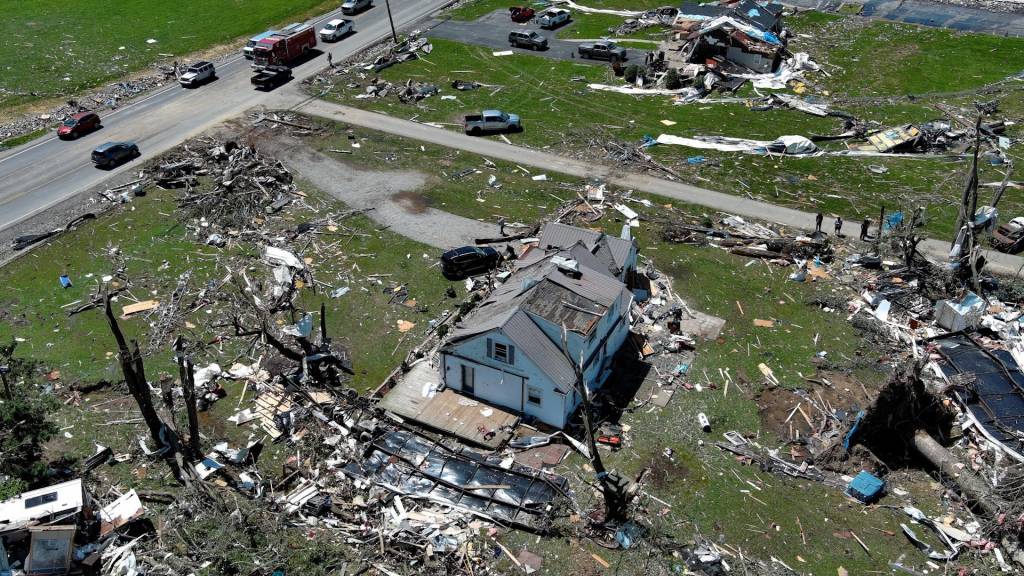 Aerial view of tornado damage in Kentucky and Missouri.