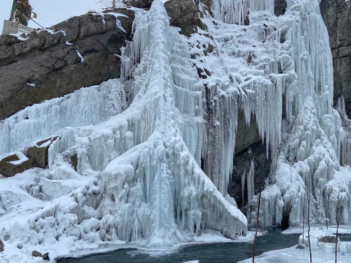 The frozen Lingti waterfall in Spiti Valley, India.