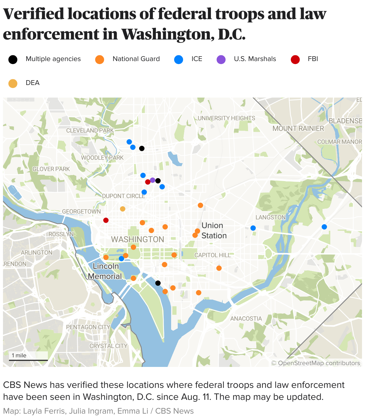 Verified locations of federal troops and law enforcement in Washington, D.C. (Locator map)