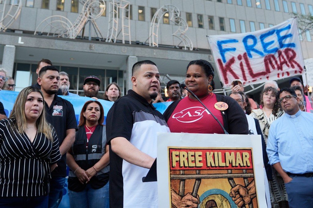 Protestors at a rally advocating for the release of Kilmar Abrego Garcia.