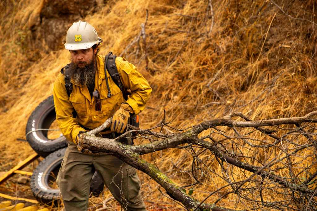 Firefighter clearing brush during a wildfire.