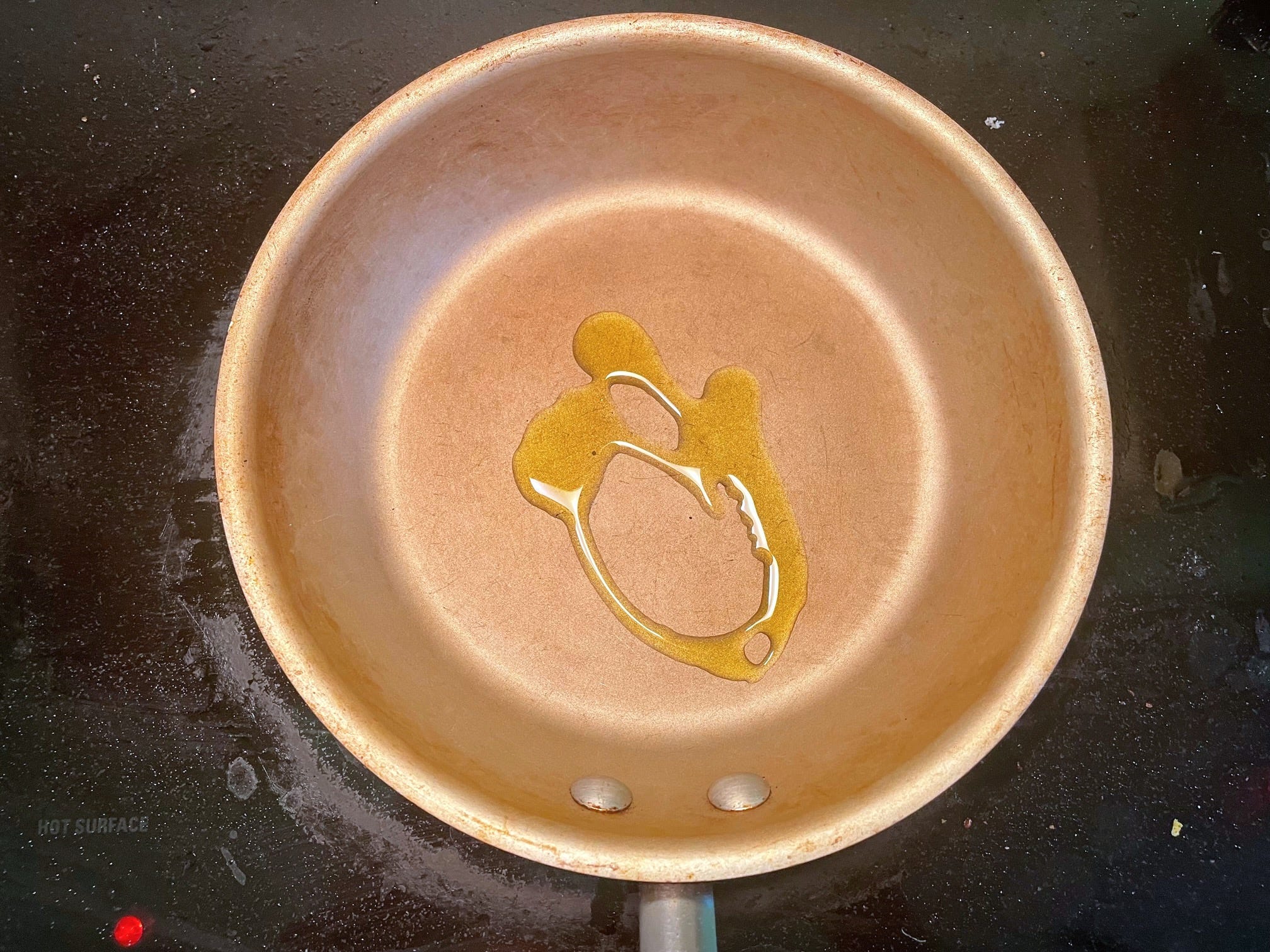 Oil in pan for Gordon Ramsay fried eggs