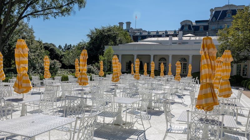 WASHINGTON, DC - AUGUST 09: The newly repaved Rose Garden of the White House on August 09, 2025 in Washington, DC. Trump has undertaken several renovation projects at the White House to include the construction of a concrete patio at the Rose Garden.
