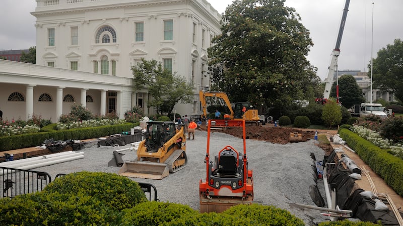 WASHINGTON, DC - JUNE 18: Renovation work continues in the Rose Garden at the White House on June 18, 2025 in Washington, DC. U.S. President Donald Trump observed the installation of a new flag pole on the South Lawn earlier in the day.