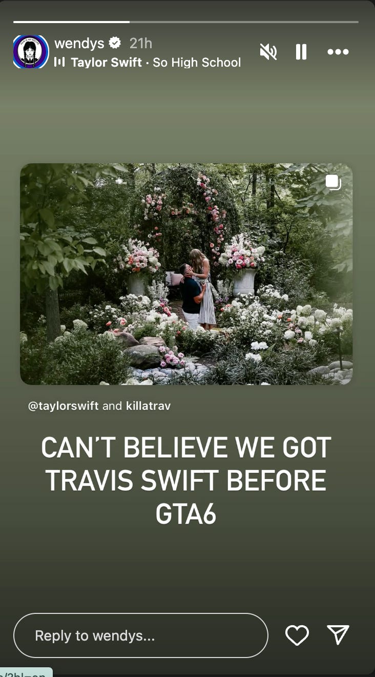 Screenshot of Taylor Swift/Travis Kelce engagement announcement on Wendy's Instagram Stories.