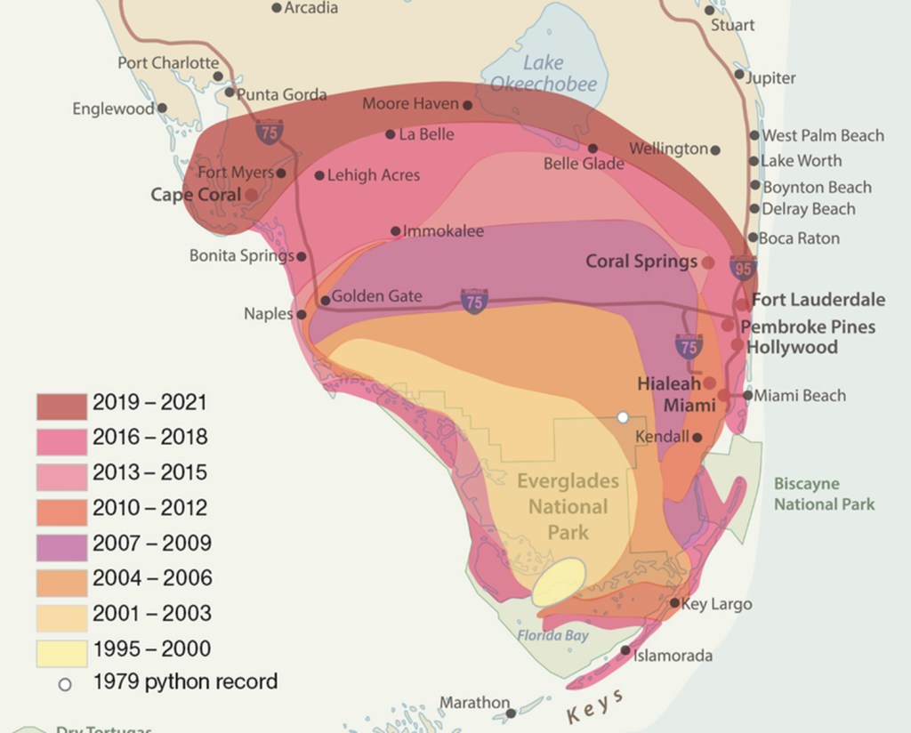 Map of Florida showing Burmese python spread from 1979–2021.