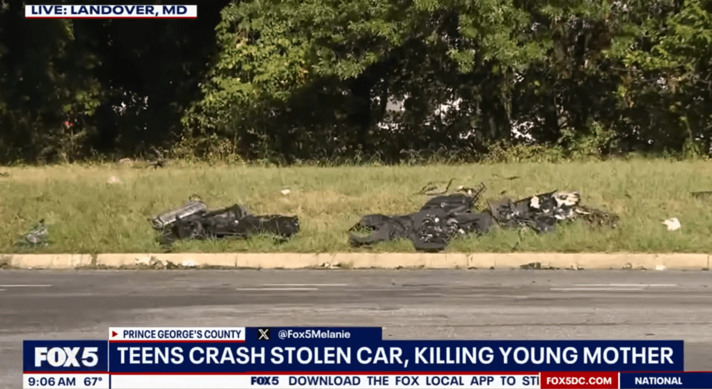 Debris from the wreck lie on the side of the road a day after the crash.
