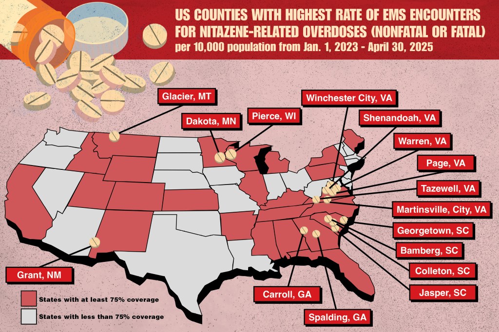 Illustration of US map highlighting counties with high nitazene-related overdose rates.