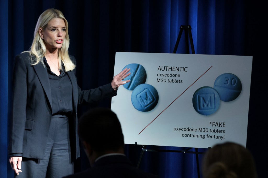 Photo of Pam Bondi pointing to a chart comparing authentic and fake oxycodone pills.