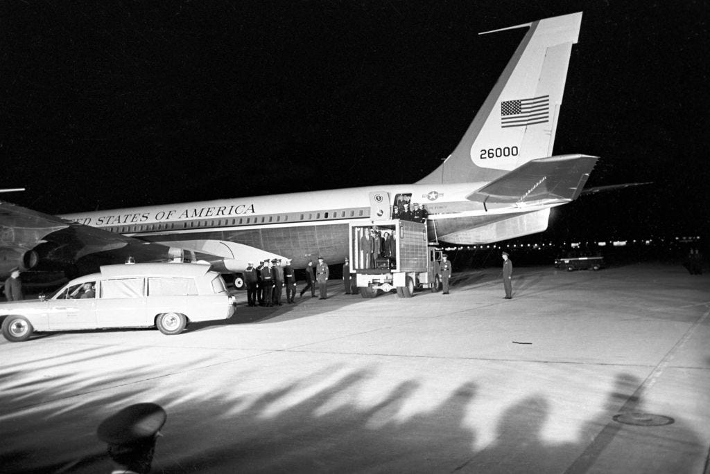 Air Force One arrives with President John F. Kennedy's coffin.