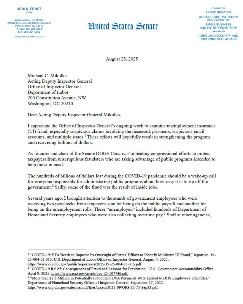 Letter from Senator Joni Ernst to the Acting Deputy Inspector General of the Department of Labor demanding an audit of fraudulent unemployment benefits.