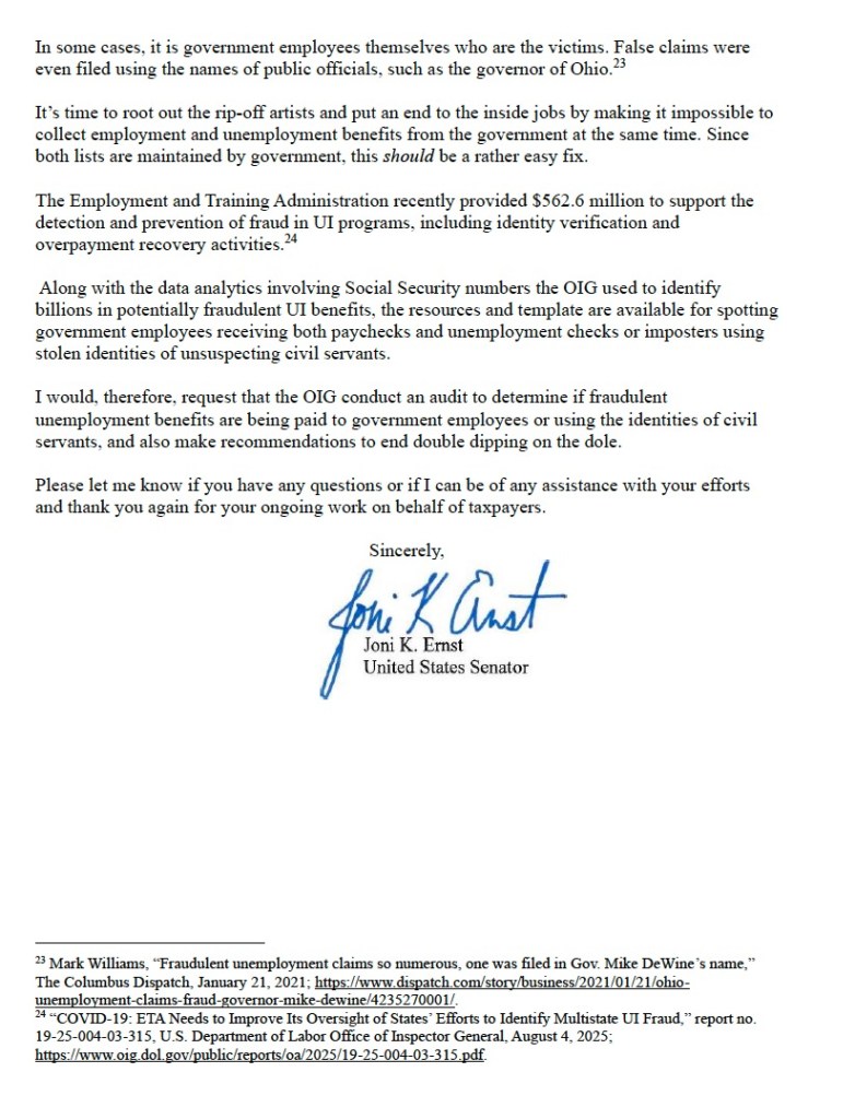 Senator Joni Ernst's letter requesting an audit of fraudulent unemployment benefits paid to government employees.