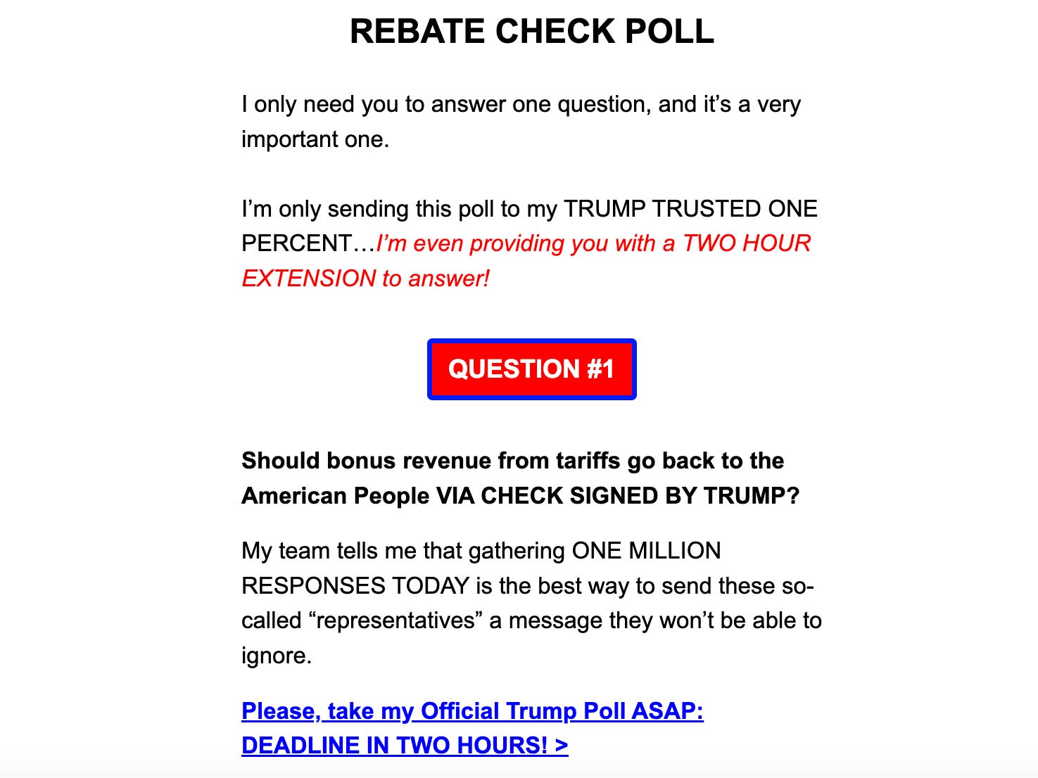 A screenshot of the Trump fundraising email sent on Thursday.
