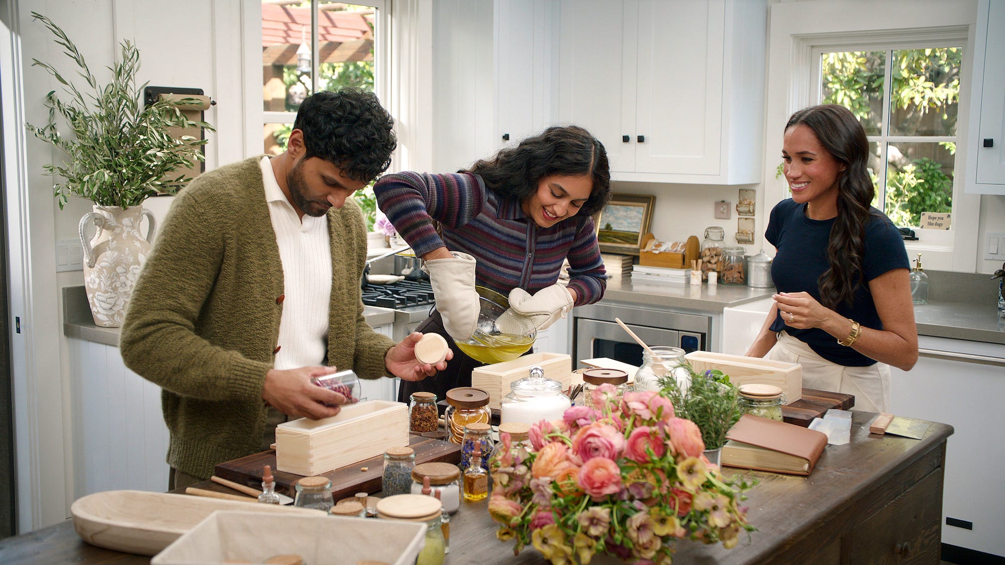 Meghan Markle with Jay and Radhi Devlukia Shetty on "With Love, Meghan."
