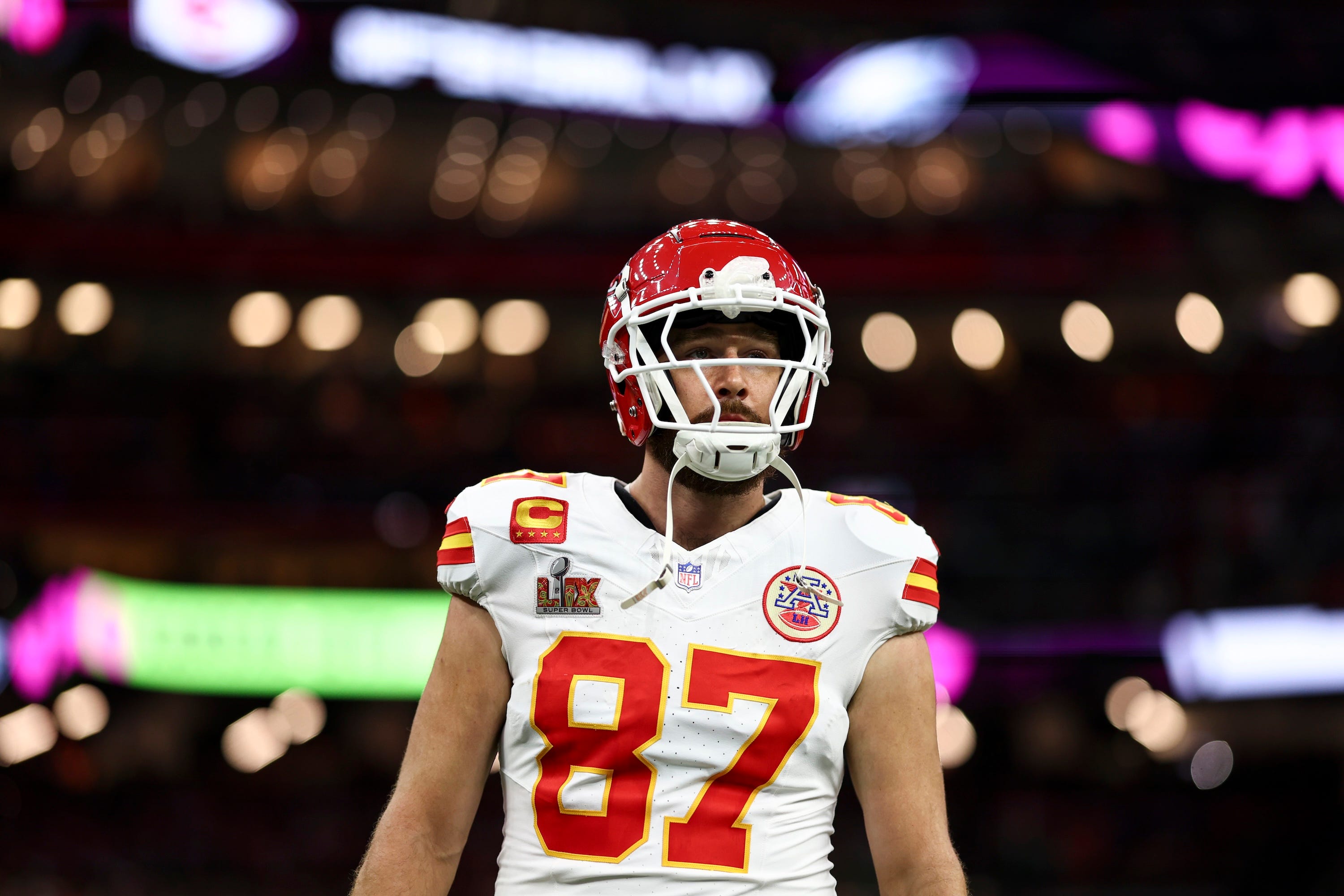 Travis Kelce on the field before Super Bowl LIX.
