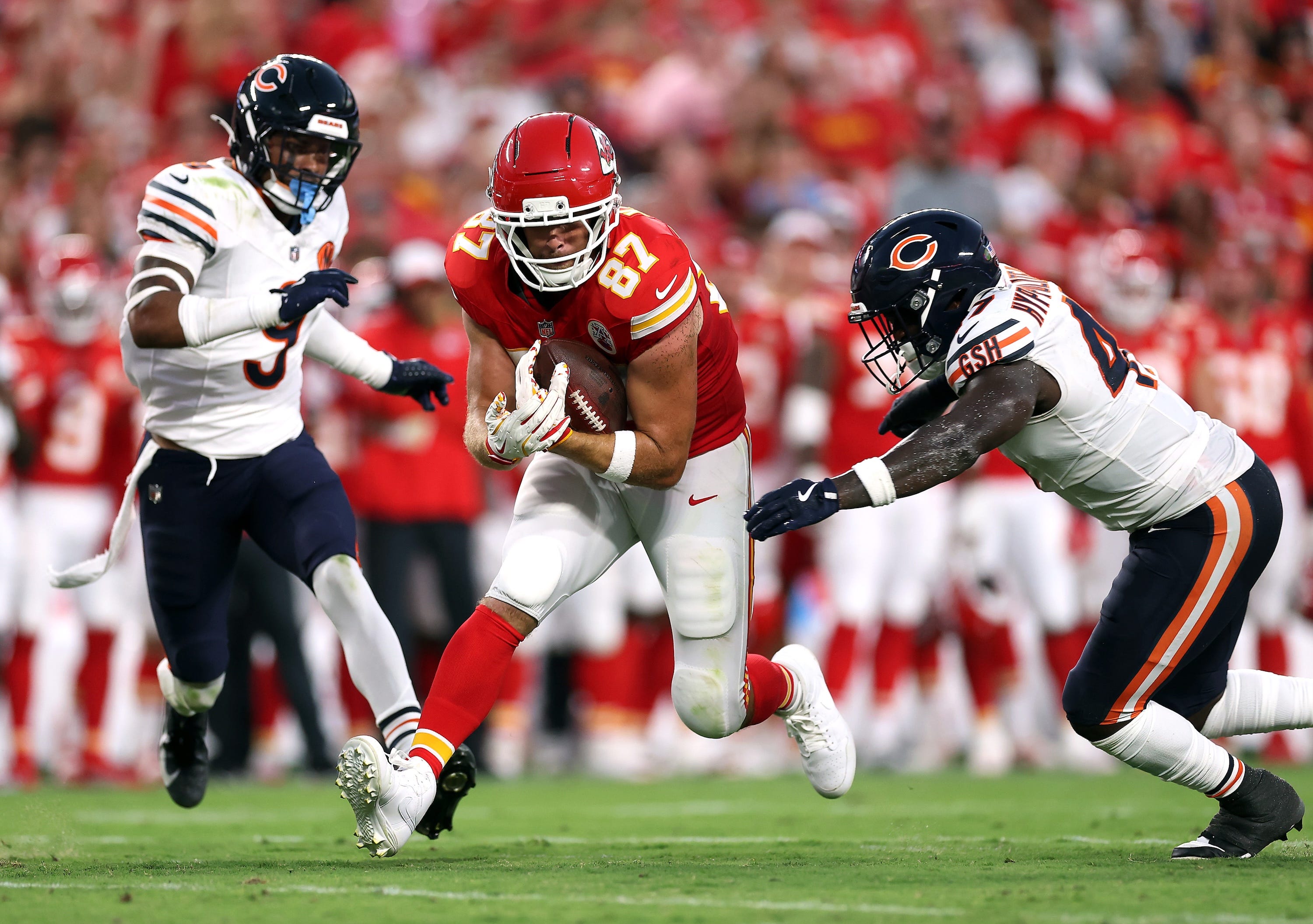 Travis Kelce wears No. 87 on the Kansas City Chiefs.
