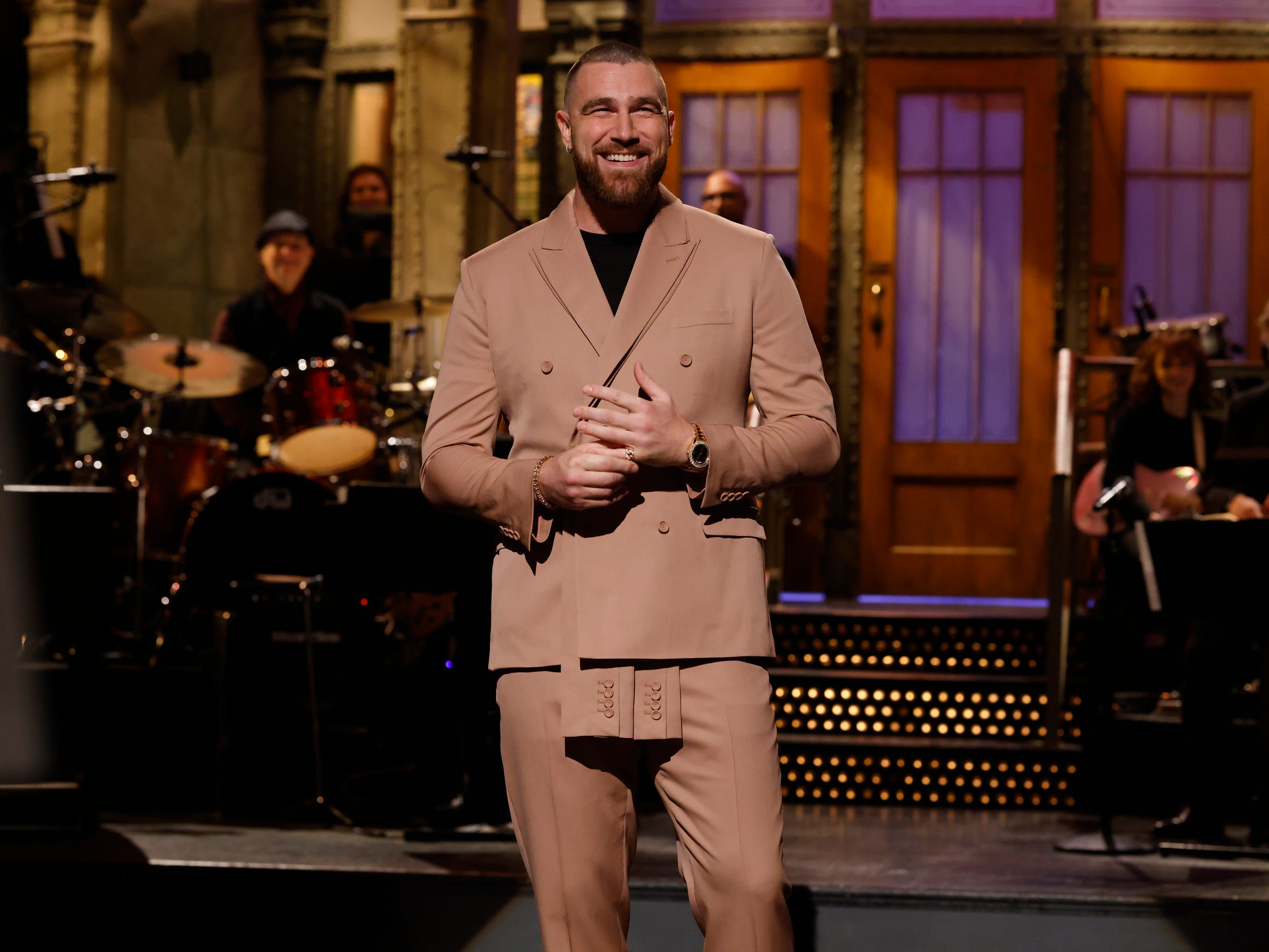 SNL host Travis Kelce during his monologue in March 2023.