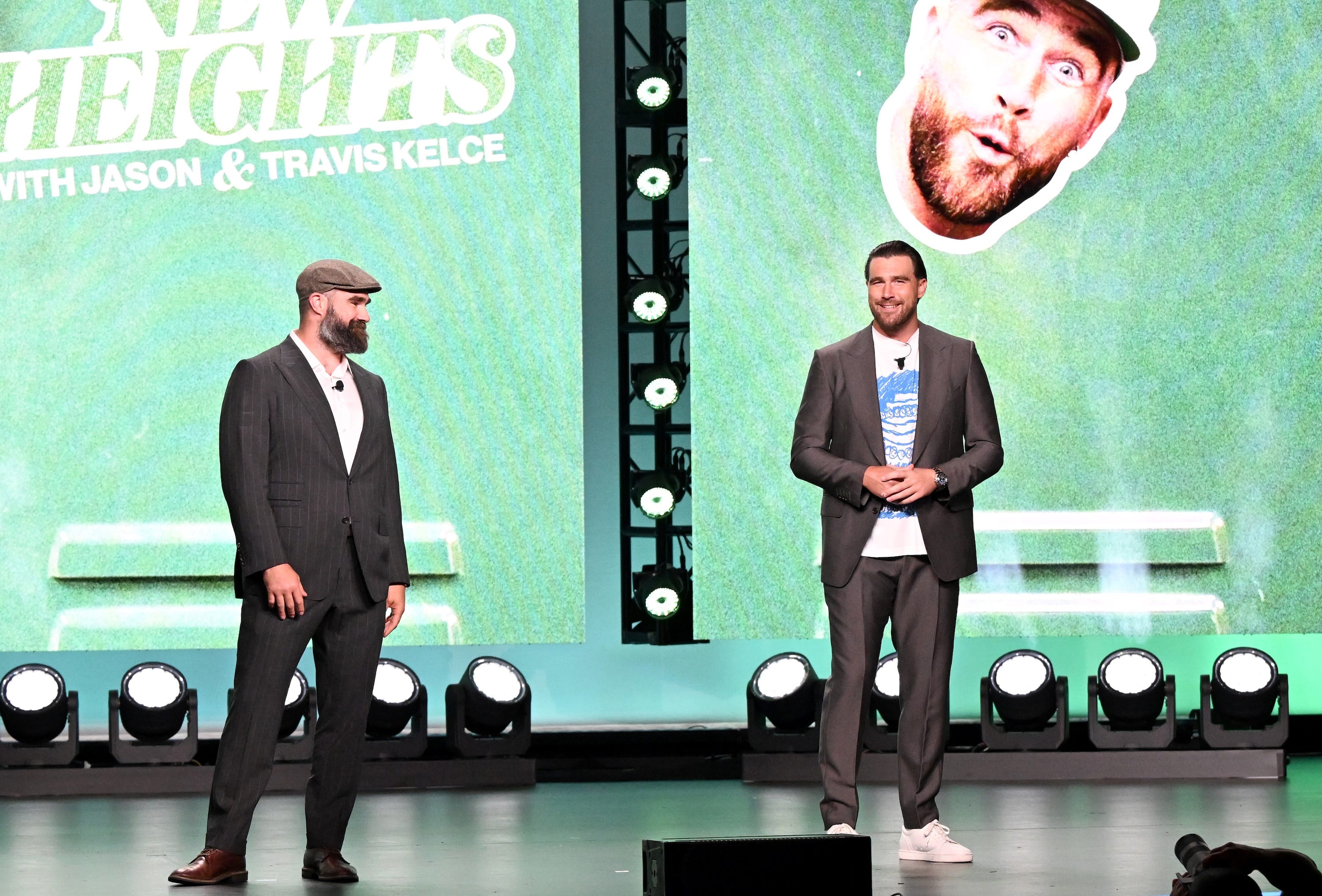 Jason Kelce and Travis Kelce onstage during Amazon's Upfront 2025 Presentation.