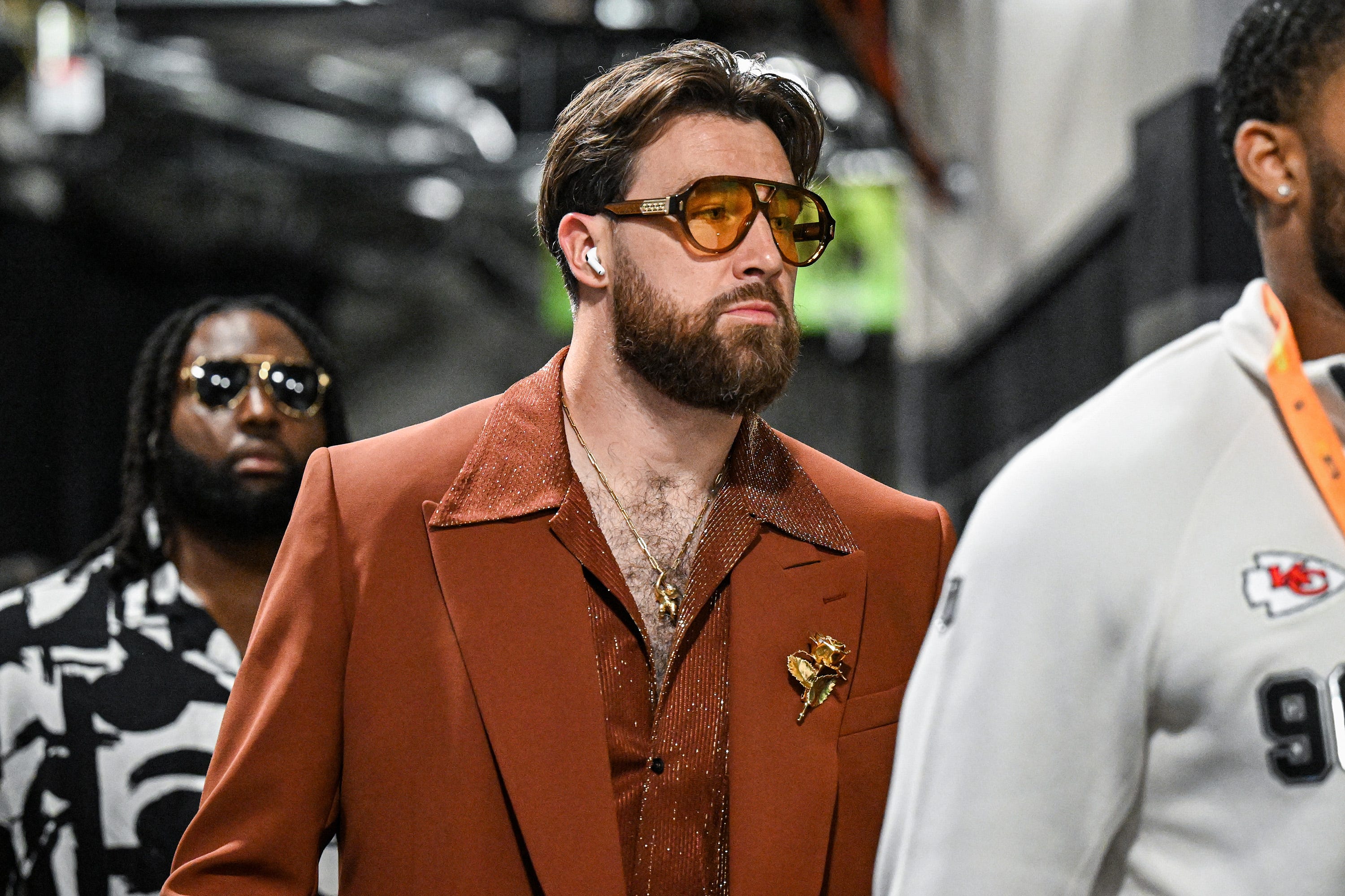 Travis Kelce arrives at Arrowhead Stadium before Super Bowl LIX.