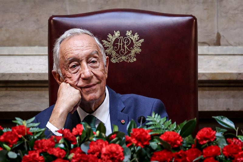 TOPSHOT - Portuguese President Marcelo Rebelo de Sousa looks on during the solemn session at the Portuguese Parliament in Lisbon on April 25, 2024, on the 50th anniversary of the Carnation Revolution. Portugal marks the 50th anniversary of the Carnation Revolution, a military coup that put an end to Europe's longest-lived dictatorship and 13 years of colonial wars in Africa. (Photo by FILIPE AMORIM / AFP) (Photo by FILIPE AMORIM/AFP via Getty Images)