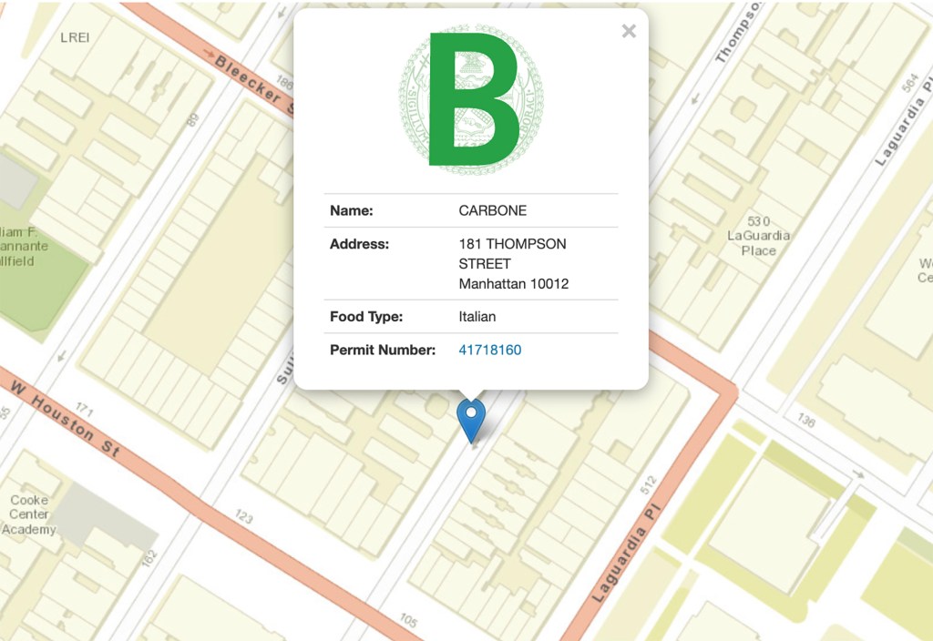 Map showing location of Carbone, an Italian restaurant at 181 Thompson Street, Manhattan.