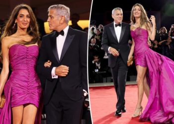 Amal Clooney goes totally ‘80s in fuchsia on Venice Film Festival red carpet