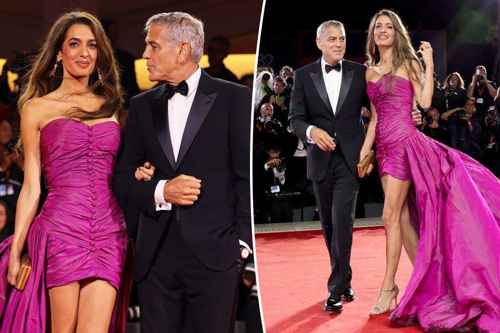 Amal Clooney goes totally ‘80s in fuchsia on Venice Film Festival red carpet