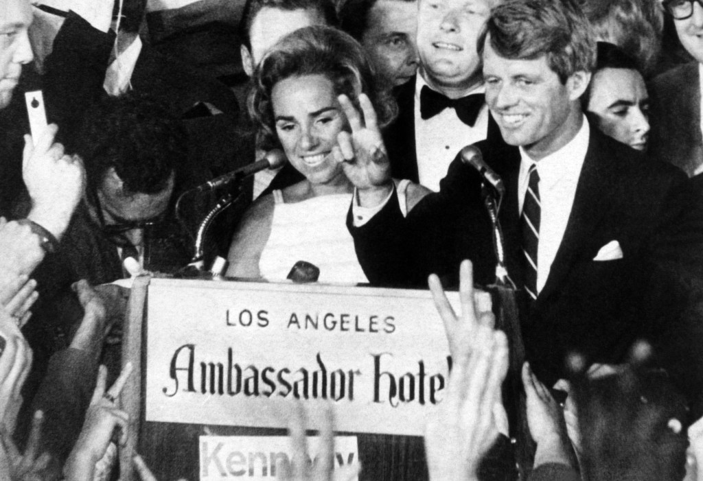 Black and white photo of Ethel and Robert F. Kennedy at the Ambassador Hotel in Los Angeles.