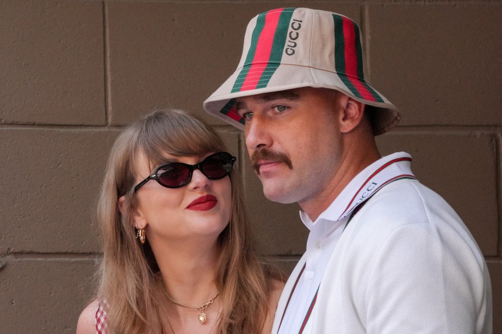 aylor Swift (L) and boyfriend US NFL football player Travis Kelce attend the men's final match between USA's Taylor Fritz and Italy's Jannik Sinner on day fourteen of the US Open tennis tournament at the USTA Billie Jean King National Tennis Center in New York City