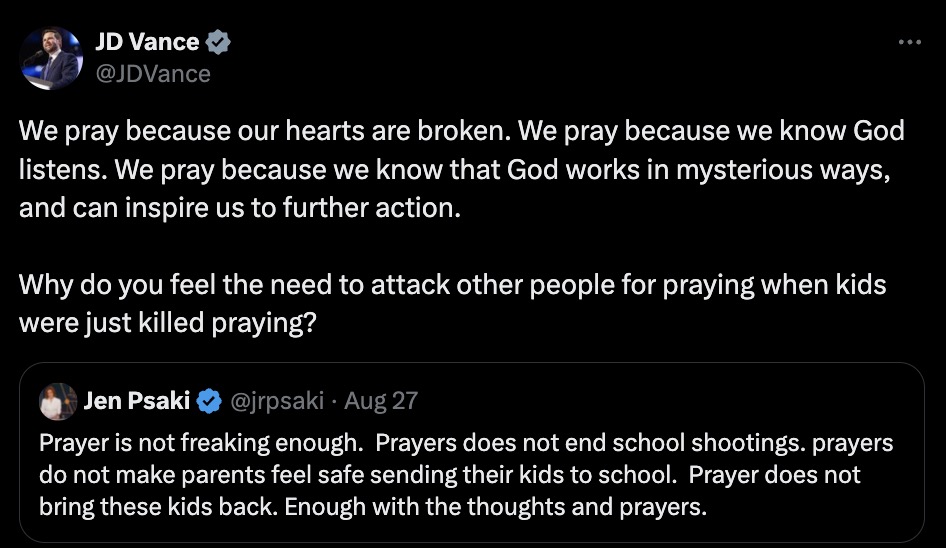 Screenshot of tweets exchanging opposing views on prayer following a school shooting.