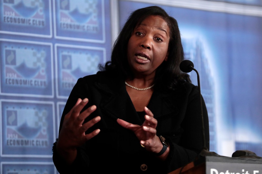 Federal Reserve Board Gov. Lisa Cook speaks at the Detroit Economic Club Meeting on Nov. 30, 2022.