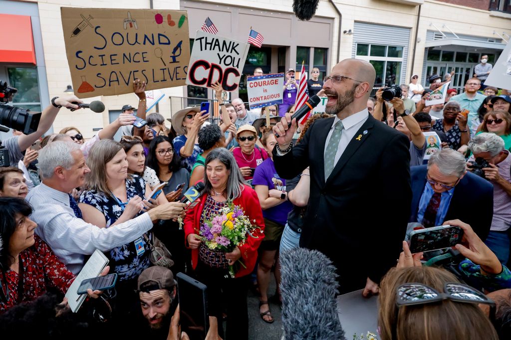 Demetre Daskalakis speaking to reporters and supporters outside the CDC in Atlanta.