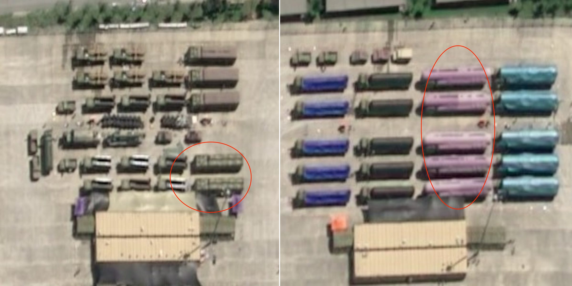 Two photos with circles show the land-attack cruise missiles and ICBMs slated to appear at the Victory Day parade.