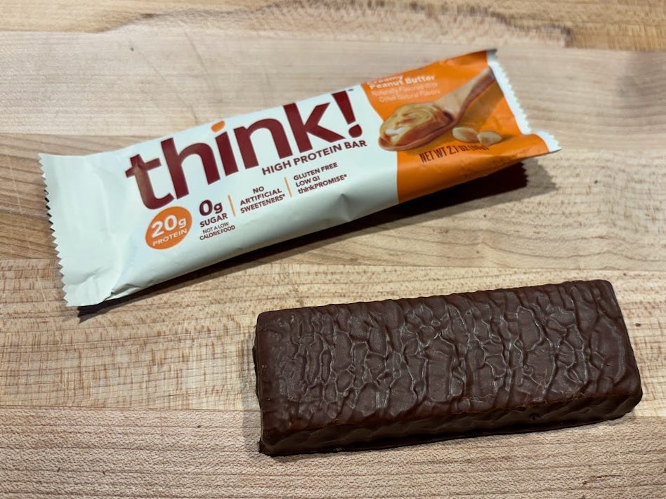 Think! protein bar with unwrapped bar next to it