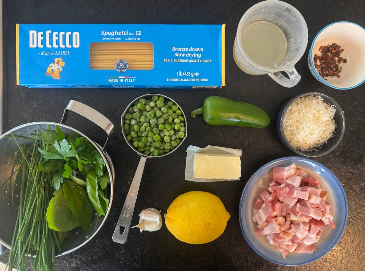 The ingredients for Gordon Ramsay's 'gourmet 10-minute pasta,' including peas, pancetta, and herbs.