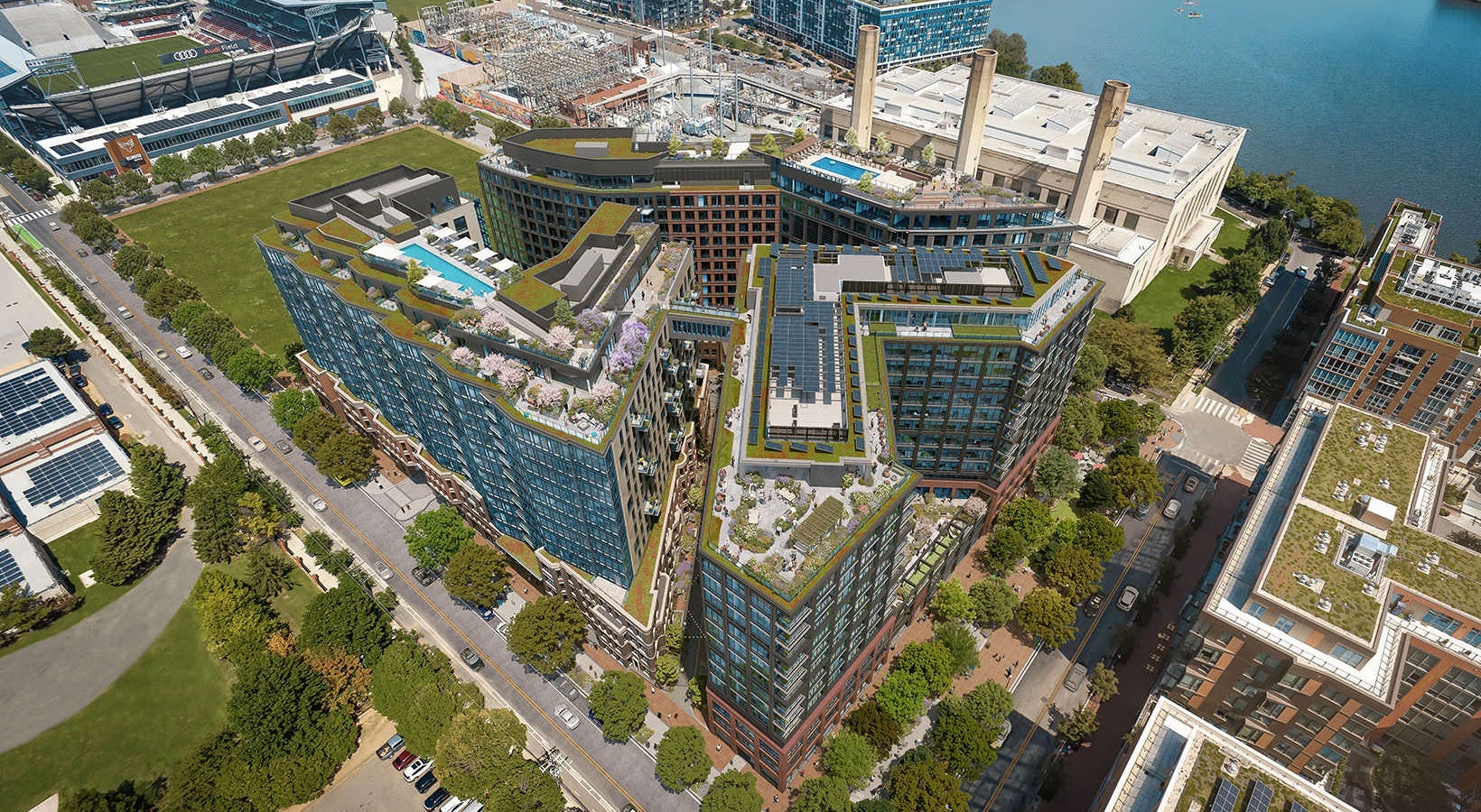 An aerial view of apartment buildings in Washington, DC.