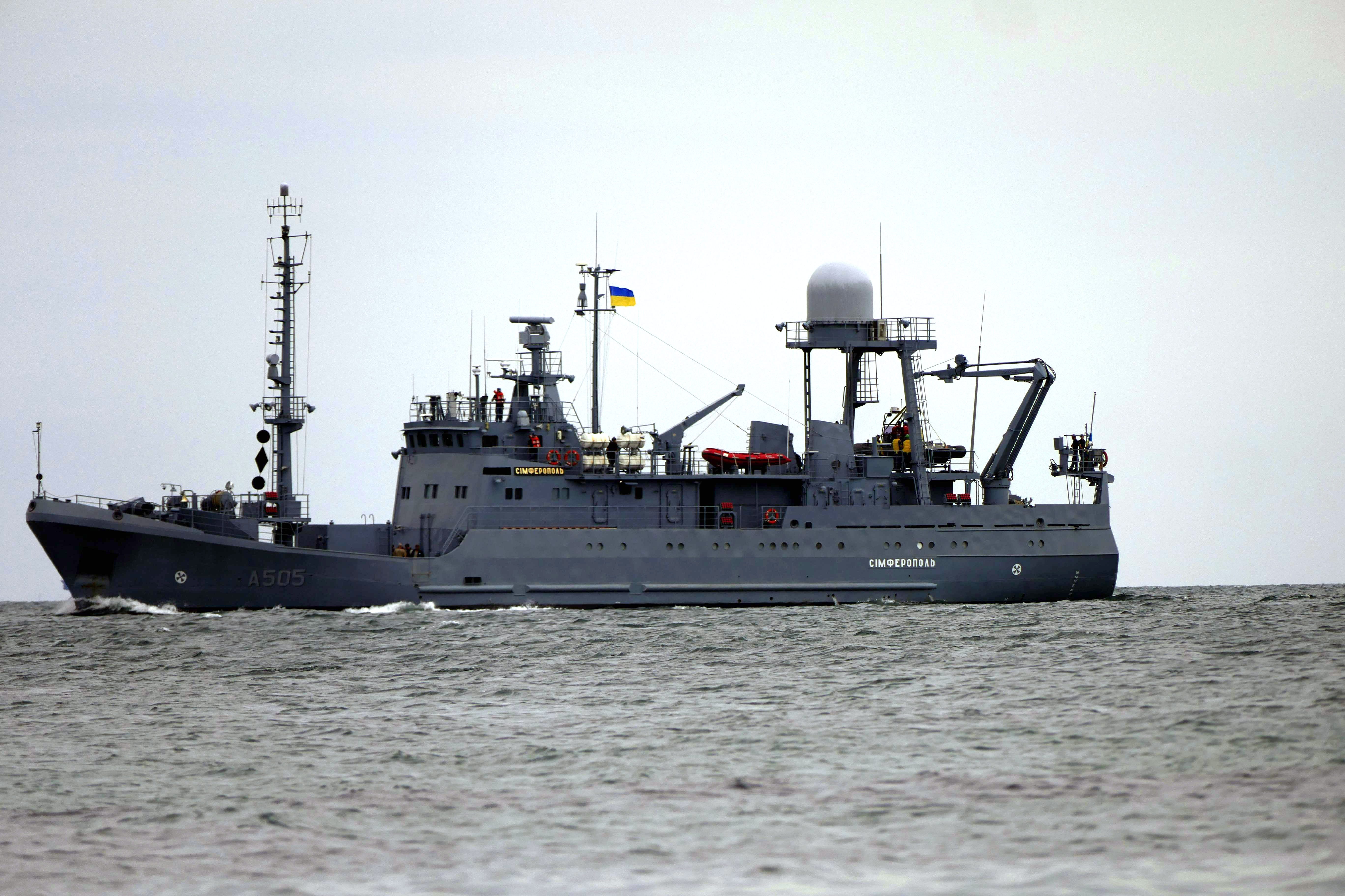 The Simferopol medium reconnaissance ship of the Ukrainian Navy moves along the coastline of Odesa during the rehearsal of the naval parade ahead of the Independence Day celebration, Odesa, southern Ukraine.