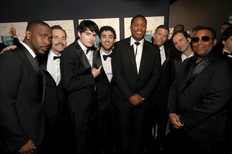 SNL50: THE RED CARPET -- Pictured: (l-r) Jay Pharoah, Will Forte, Michael Longfellow, Emil Wakim, Devon Walker, Mikey Day, Kyle Mooney and Kenan Thompson on Sunday, February 16, 2025 -- (Photo by NBC/Kevin Mazur/NBC via Getty Images)