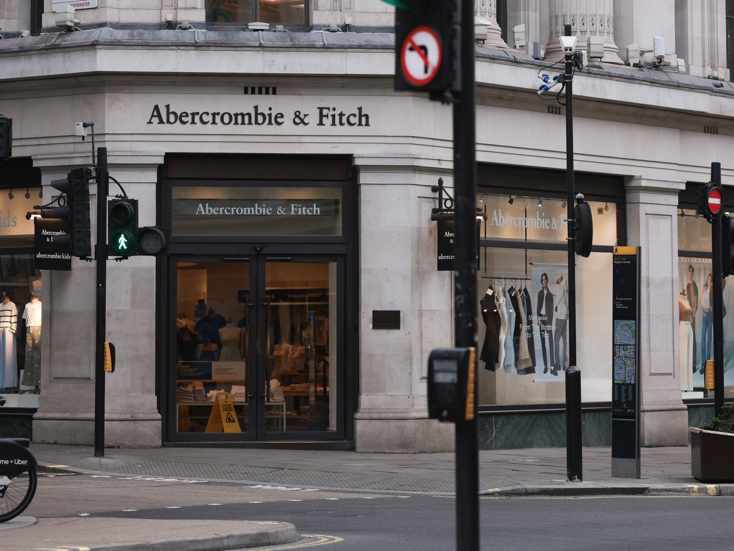Exterior of Abercrombie & Fitch store on street corner in London
