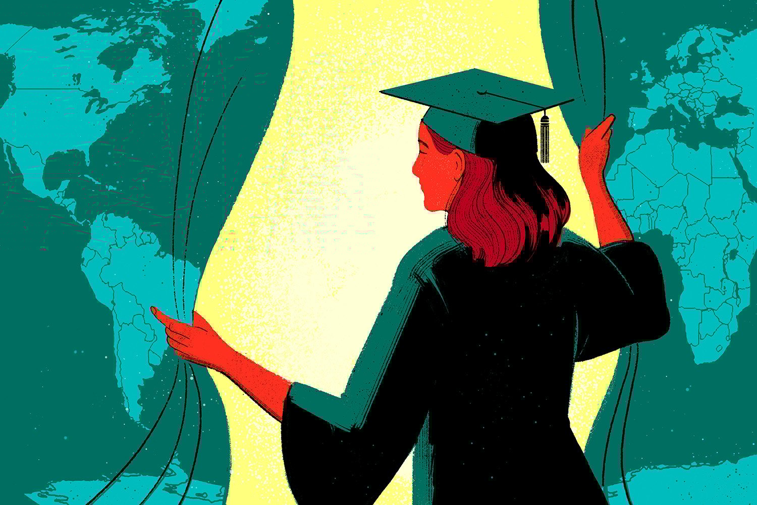 An illustration shows a woman in a cap and gown opening a curtain with a world map motif on it.