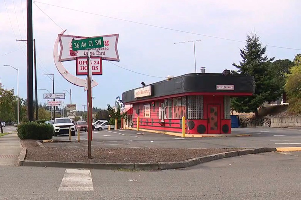Exterior view of a drive-thru espresso stand.