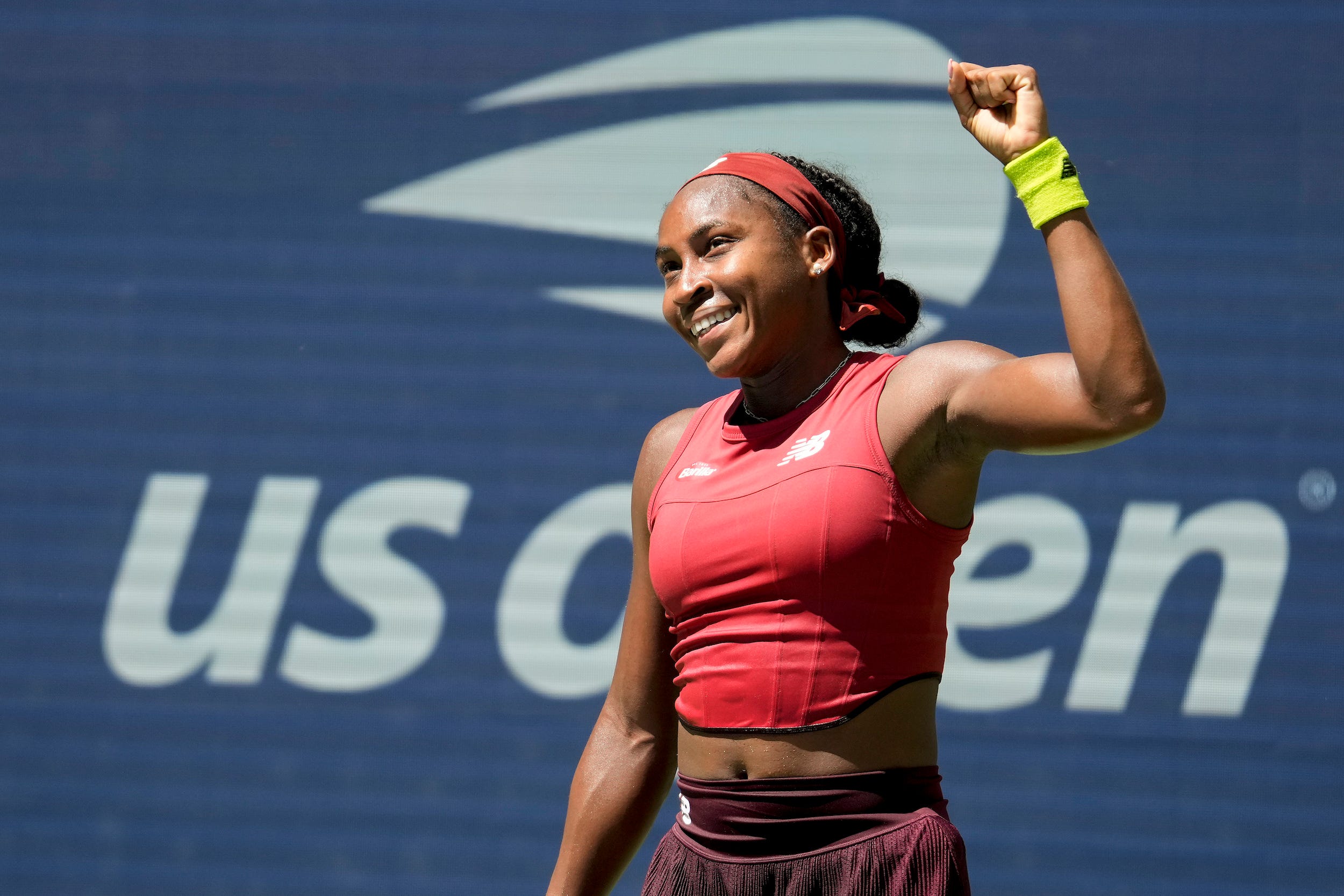 Coco Gauff celebrates a win at the 2023 US Open.