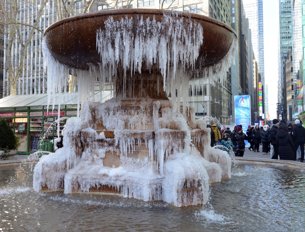 Frozen Lowell Fountain with icicles.