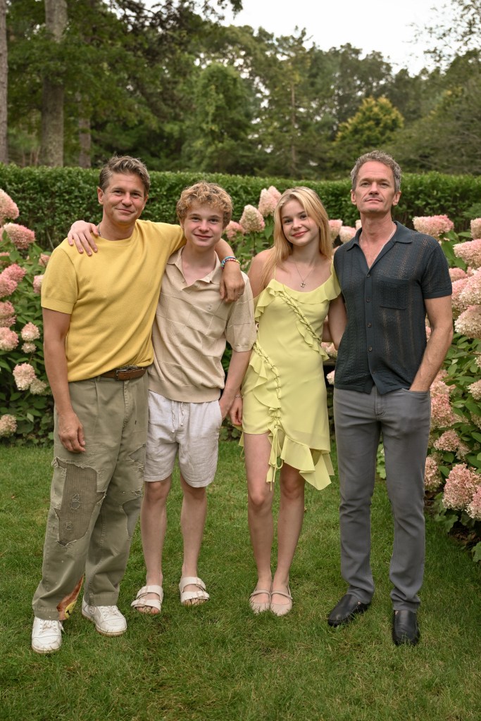It’s a blonds party for dads David Burtka (left) and Neil Patrick Harris (right), son Gideon, 14, and daughter Harper, 14, at their Hamptons estate.
